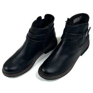 Born BOC Claira Bootie Black Faux Leather Side Zip Womens 7.5M Straps Buckle New